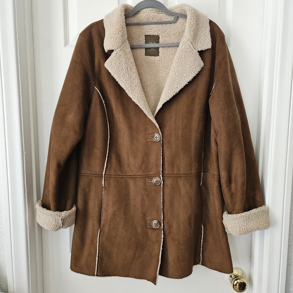 Old Navy Brown Faux Suede Jacket with Cream Accents Actual Size L/XL